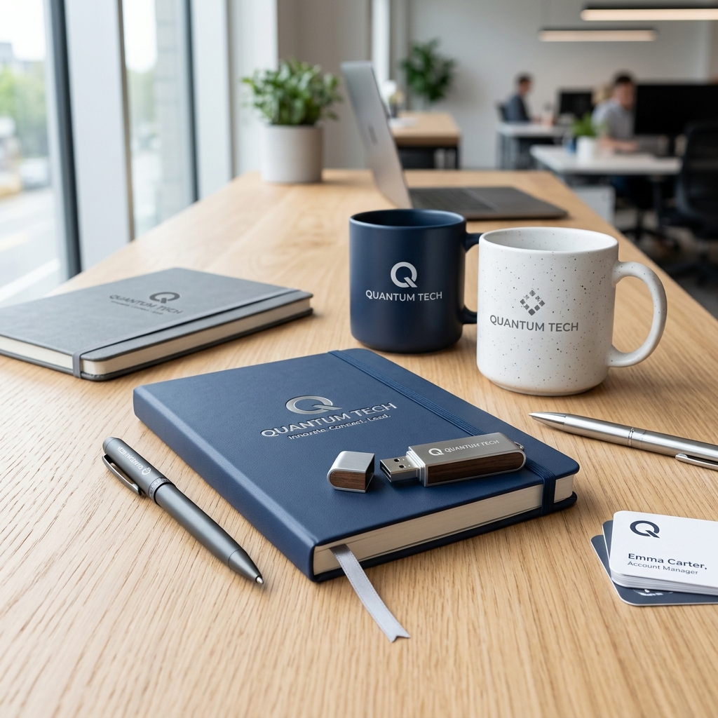 Branded corporate gift items including power banks, notebooks and bags
